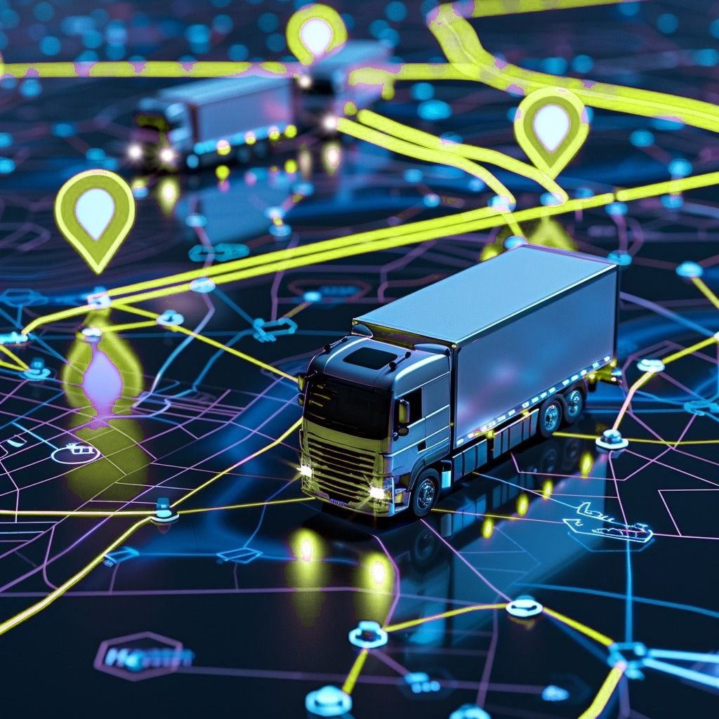 A stylised 3D lorry on a glowing map, its delivery routes and stops drawn as a connected network