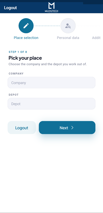 MLogTech driver app: guided onboarding, step 1 of 8, pick your place