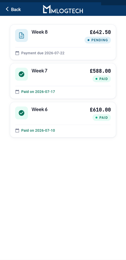 MLogTech driver app: weekly driver pay with pending and paid statements