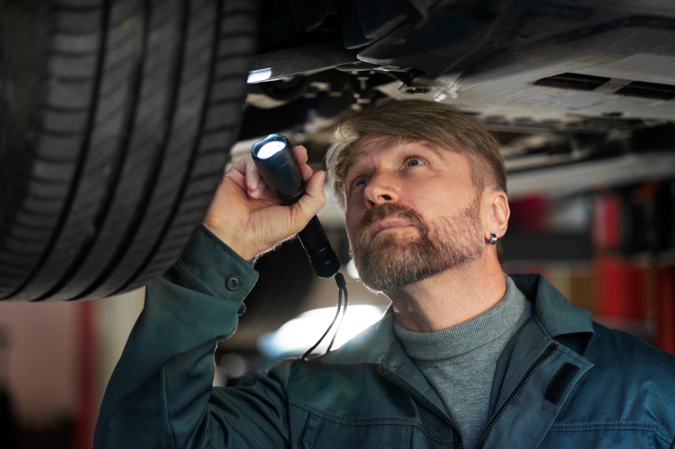 A technician inspecting the underside of a vehicle with a torch
